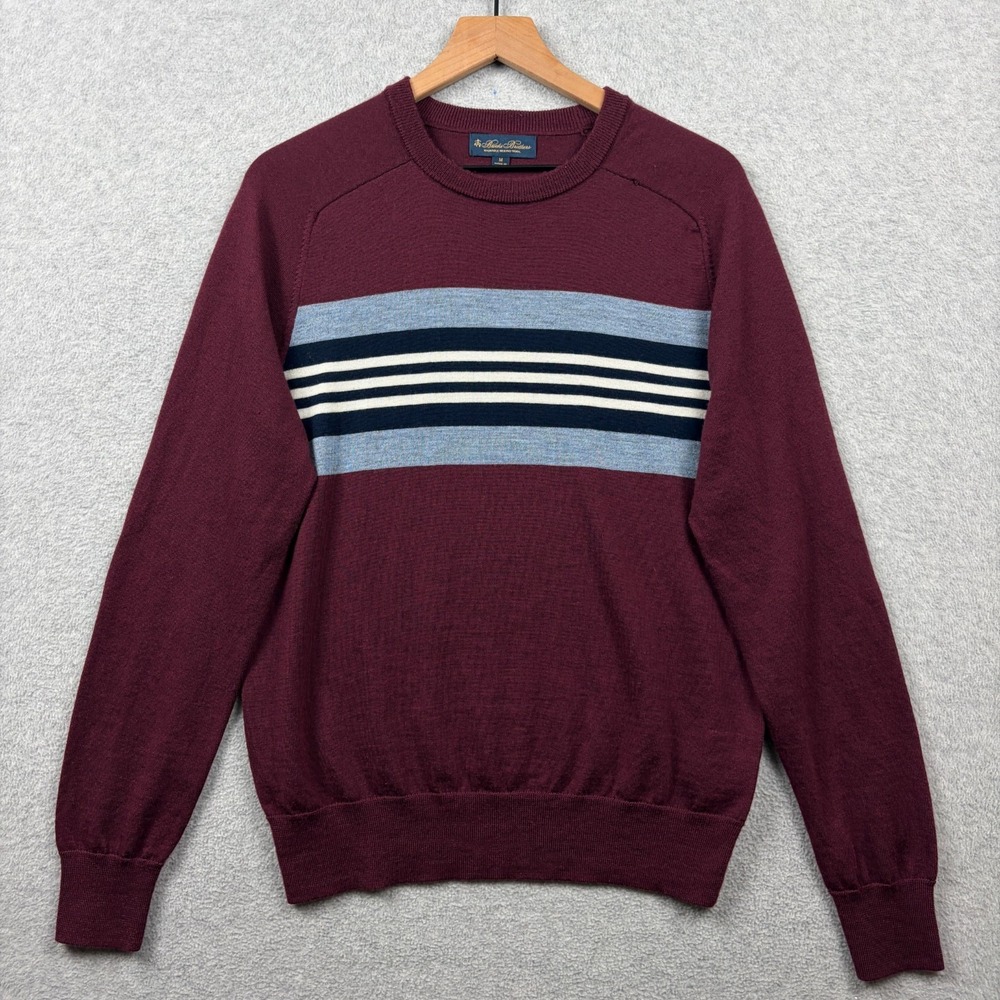 Brooks Brothers Sweater Mens Medium Red Washable Merino Wool Striped Pullover